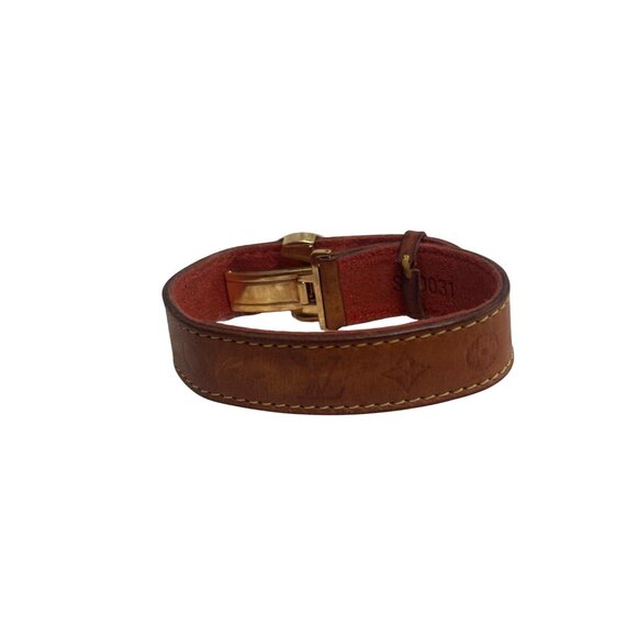 Louis Vuitton Monogram Leather Bracelet With Gold-Tone Floral Clasp - Picture 2 of 10